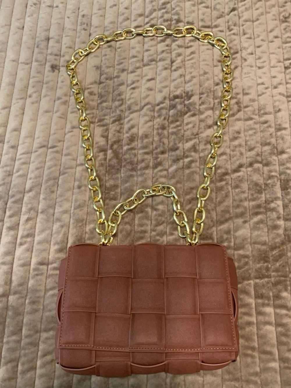 Woven Faux Suede Crossbody Bag with Gold Chain Strap - Brown